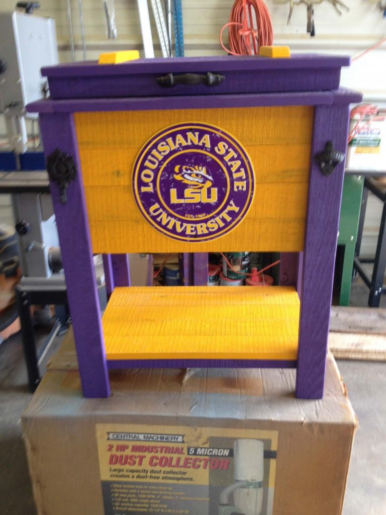 LSU-painted-cooler-logo-purple-gold-patio-cooler-tailgate-cooler